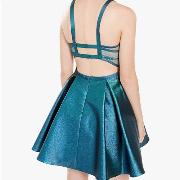 Blondie Nites A-Line Dress Junior Cage-Back Pleated Metallic Blue 11 - Picture 2 of 9
